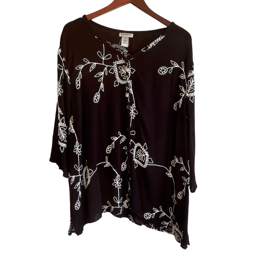 Catherines Womens Embroidered Crinkle Top Size 3X Button Up Boho Coastal Beachy